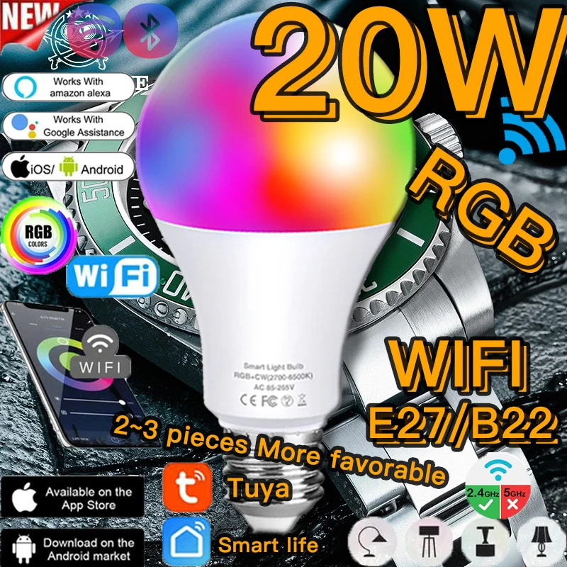 

20W Tuya WiFi Smart LED Spotlight Bulbs RGB E27/B22 Dimmable Lamps Lamp Work With Alexa Google Home Or IR Remote Control Light