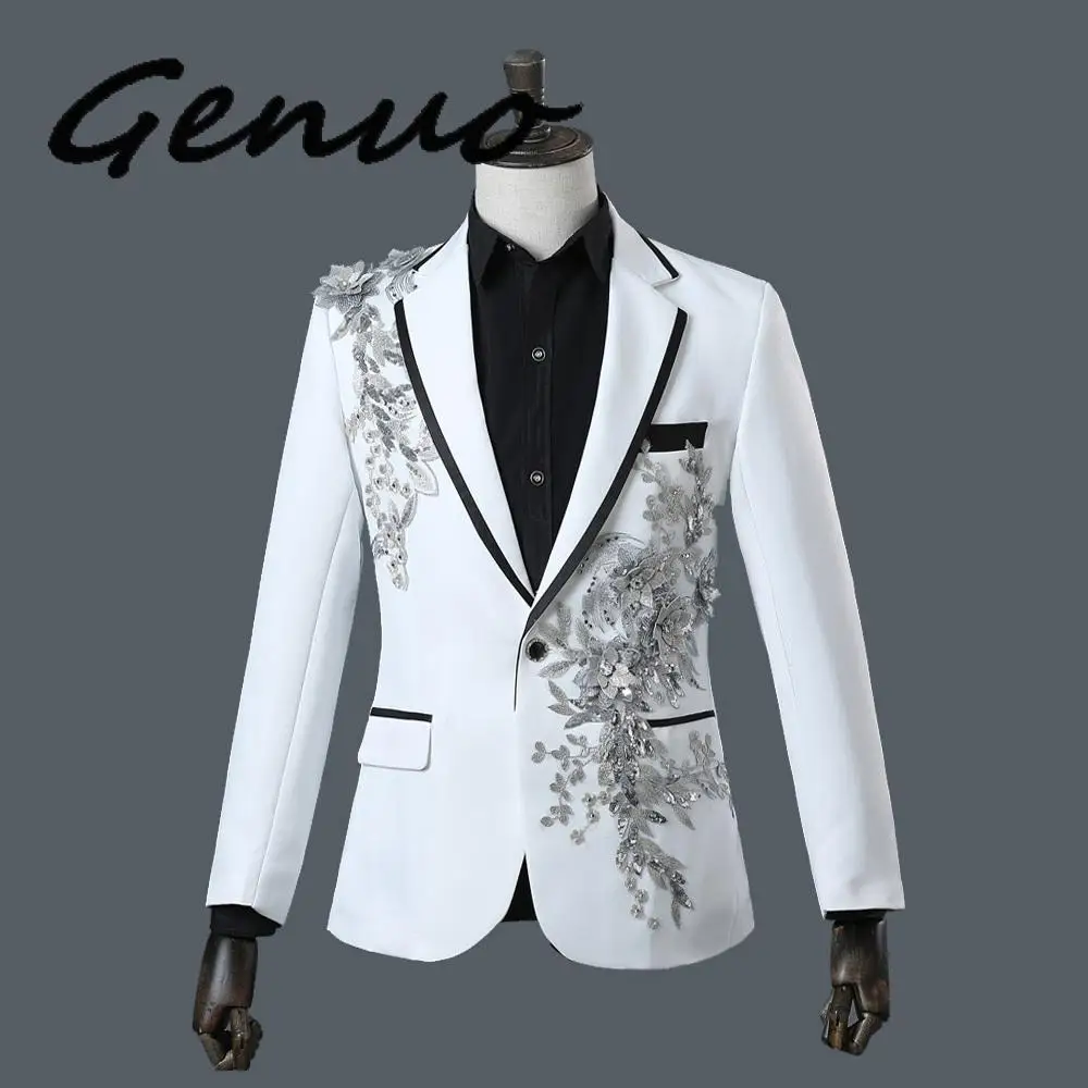 

Genuo New 2019 Male Double-side 3D Crystal Embroidery Flowers Stage Singer Nightclub Suit Jacket Tide Bar Mens Wedding Blazer