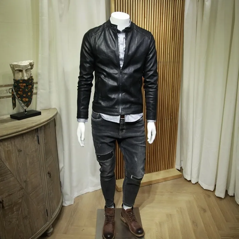 Модные корейские однотонные облегающие мужские Куртки из искусственной кожи со