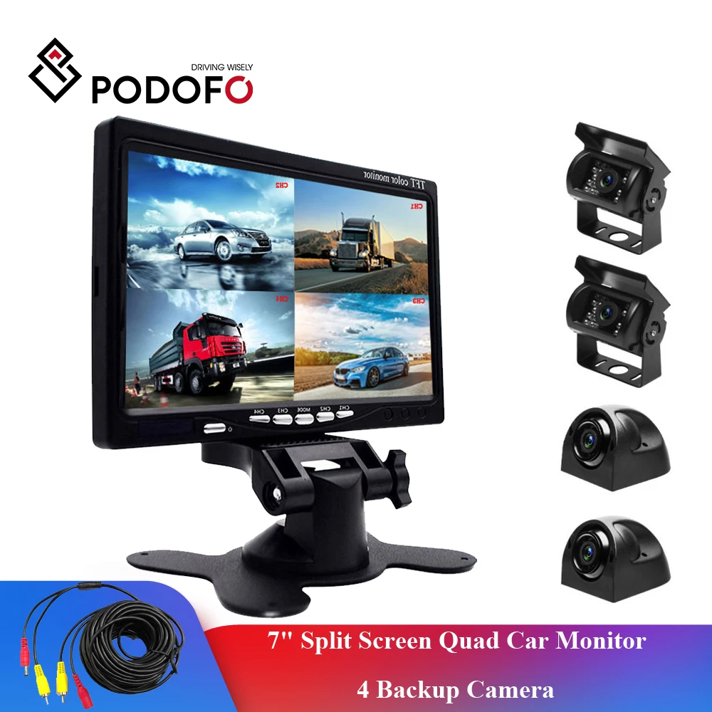 Podofo 7 &quotсплит экран Quad Автомобильный монитор TFT ЖК дисплей 4 CH резервная камера