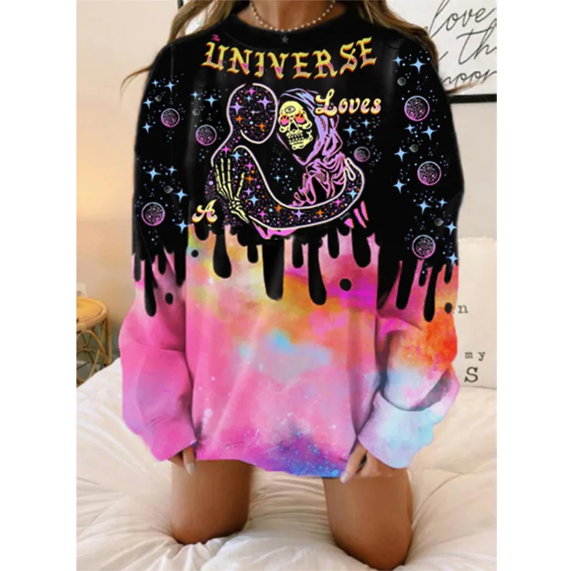 

Skull hugs letter Print pink black Loose oversized Sweatshirt Women Long Sleeve Casual Fashion lady 2021 Spring Streetwear Tops