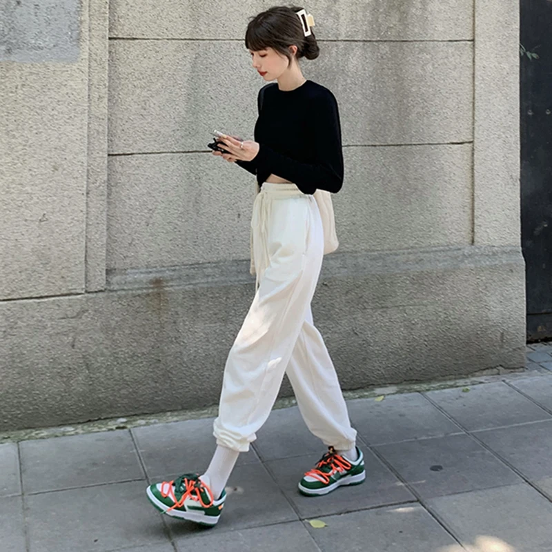 

White Ankle Banded Slacks Women's Summer 2021 New Korean Style Loose Comfortable Wide-Leg Pants Versatile Sports Pants Fashion