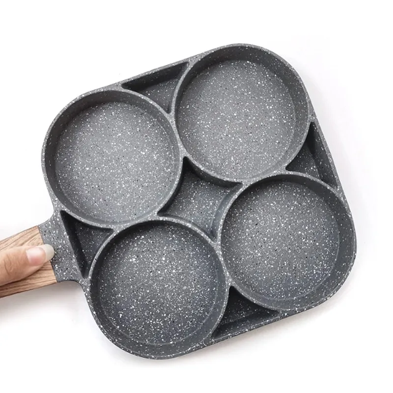 

4 Hole Breakfast Maker Cookware Wooden Handle Frying Pot Pan Thickened Omelet Pan Non-stick Egg Pancake Steak Pan Cooking