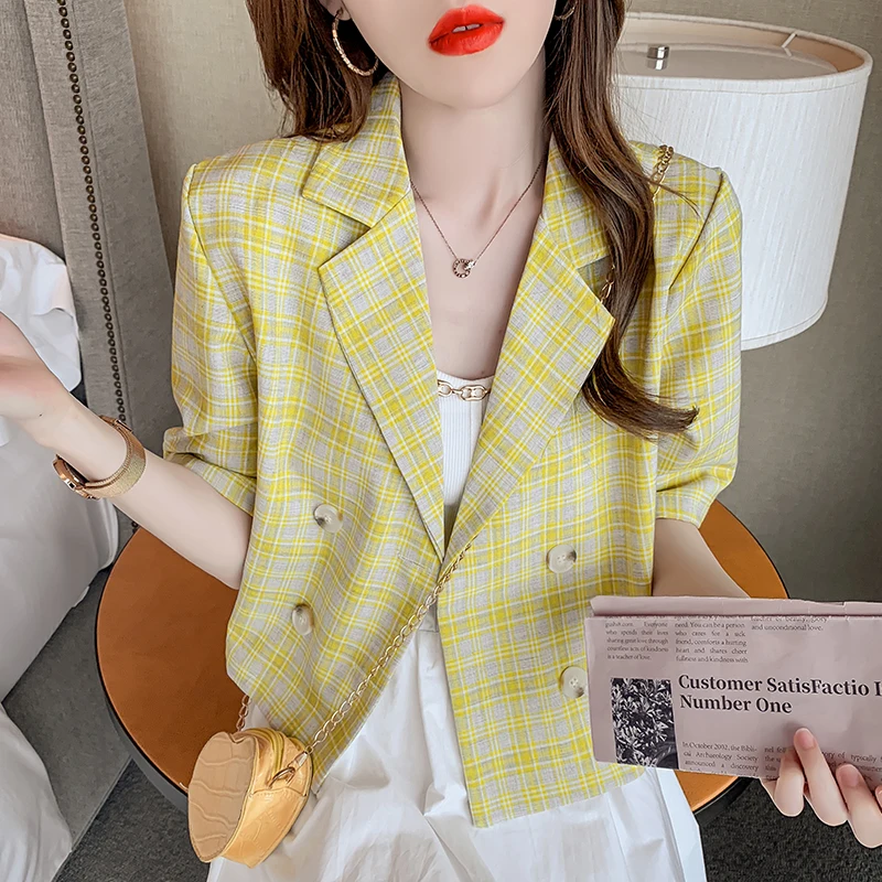 

Summer Women's Plaid Short Blazer Loose Short-Sleeved Suit Female Jacket 2021 Korean Clothing