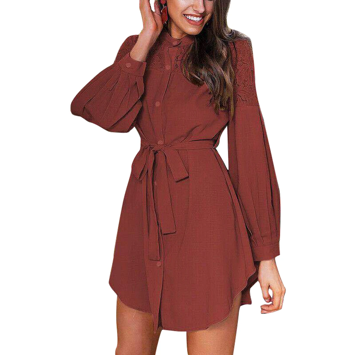 Женское кружевное платье до бедра с V образным вырезом и длинным рукавом поясом