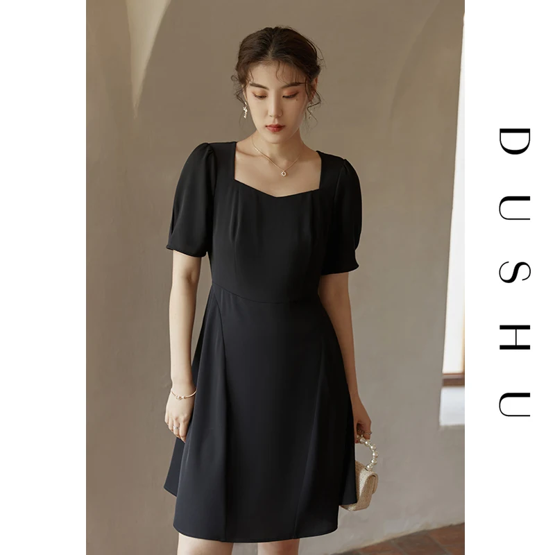

DUSHU Office Lady French Square Collar Black Dress Female Summer 2021 New High Waist Black Long Dress For Women