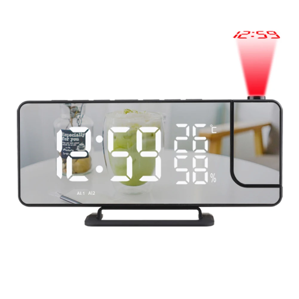 

LED Digital Projection Digital Alarm Clock 6-Gear Lightness FM Radio Time with Temperature & Humidity for Bedroom Office