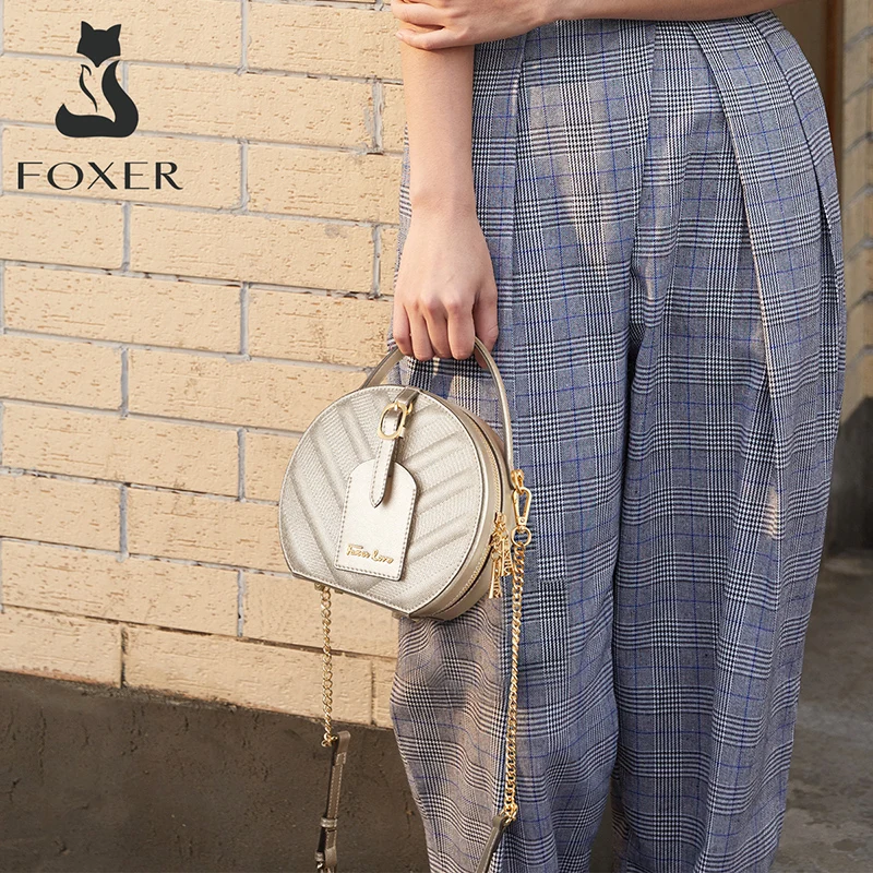 

FOXER Split Leather Mini Totes Tag Chic Gold Round Shoulder Bag Stylish Women clutch Messenger Bags Classic Ladies Round Bag