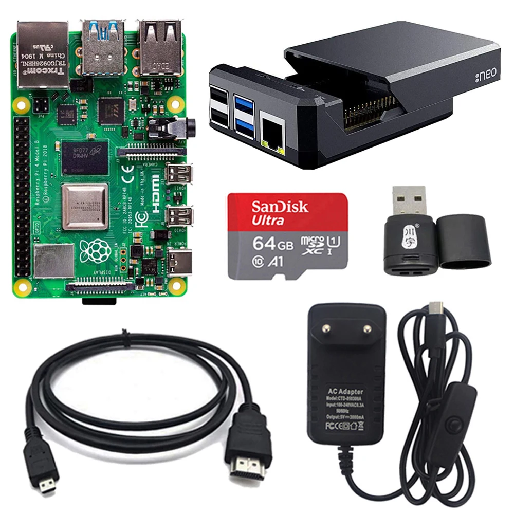 

Оригинальный Raspberry Pi 4 Model B начальный комплект 2 ГБ 4 ГБ 8 ГБ + алюминиевый чехол + источник питания + SD-карта + видеокабель для Pi4 4B