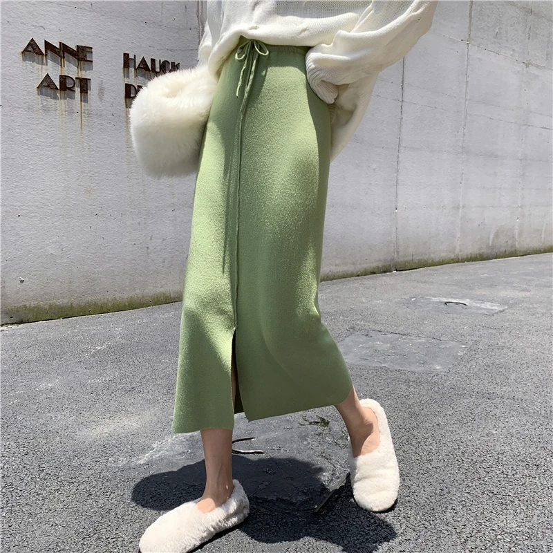 Видео # Осень/Зима до раскола авокадо зеленые высокие талии трикотажные юбки