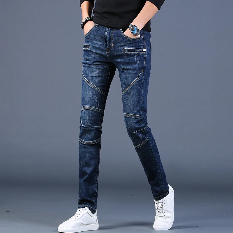 Autumn New Men Blue Patchwork Jeans Fashion Motorcycle Pants Slim Fit Straight Denim Trousers