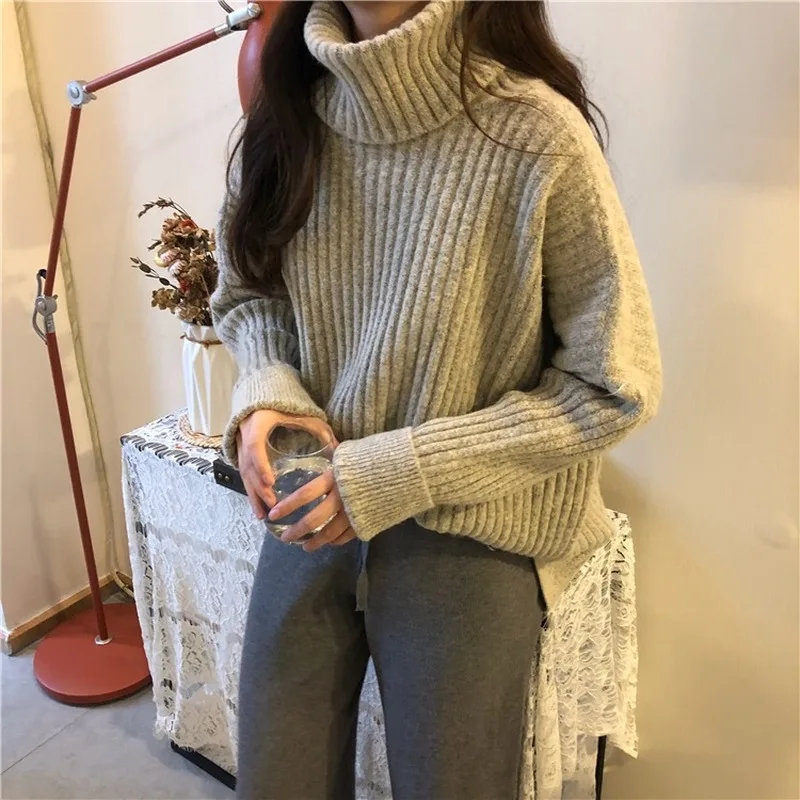 

Turtleneck Pullover Solid Color Woman Sweaters Loose Casual Japanese Fashion Long Sleeve Knit Top Women Coat Jackets Winter Warm