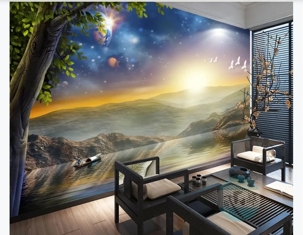

Papel De Parede Beautiful starry sky foggy scenery seagull Mural wallpaper Living room Sofe TV background wall Home Decor