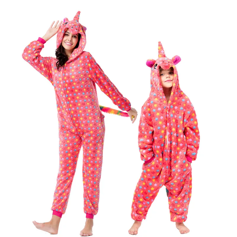 Kigurumi/пижамы с единорогом для взрослых и детей Одинаковая одежда семьи