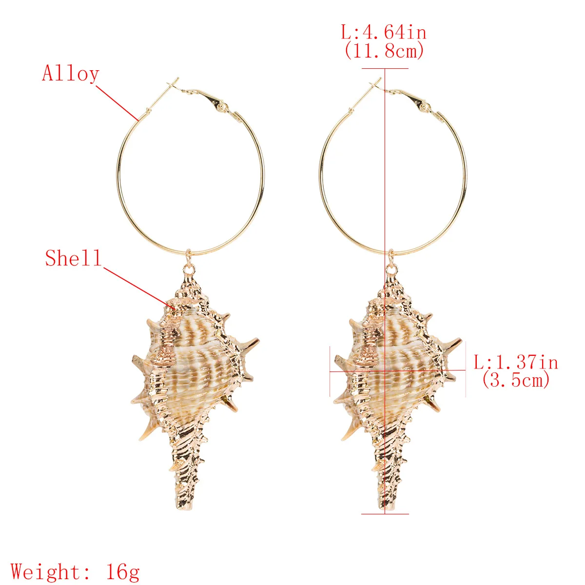 Женские серьги-подвески в виде ракушек с большим золотым крючком индийские