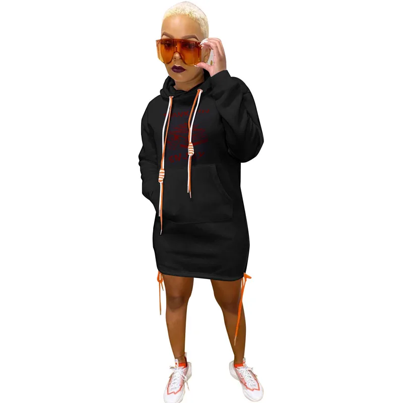 Lounge Wear Thicken Hoodeds dress Drawstring Full Sleeve Midi Dress for Women Fashion Streetwear Punk Party Night Club Dresses | Женская