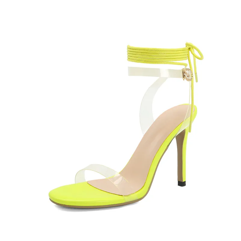 

FOREADA Women Sandals Transparent Extreme High Heel Shoes Ankle Buckle Strap Shoes Open Toe Lady Shoes Yellow Large Size 34-46