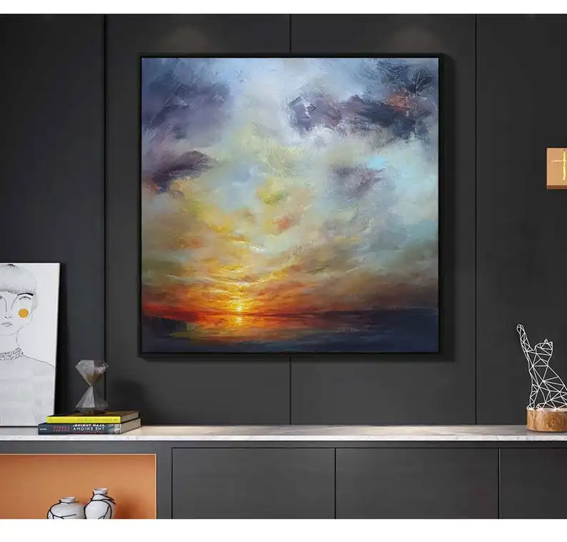 Sunset Painting Landscape Canvas Cloud Sky Abstract Oversize Wall Art Gold Yellow | Дом и сад