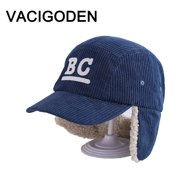 

VACIGODEN Children Winter Corduroy Baseball Hat with Earflaps Boy Thicken Ear Protection Cap Girls Letter Patch Keep Warm Gorras