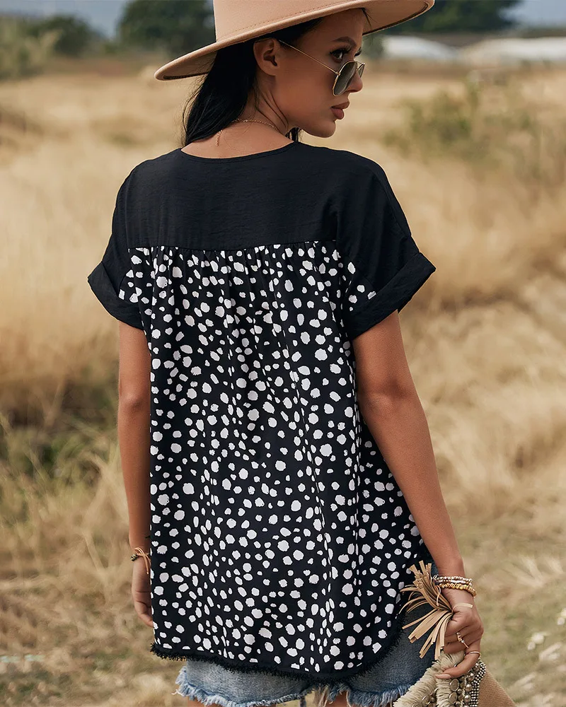 

Donsignet Fashion Women's Blouse Spring and Summer Casual V-neck Single-breasted Leopard Print Stitching Short-sleeved Blouse