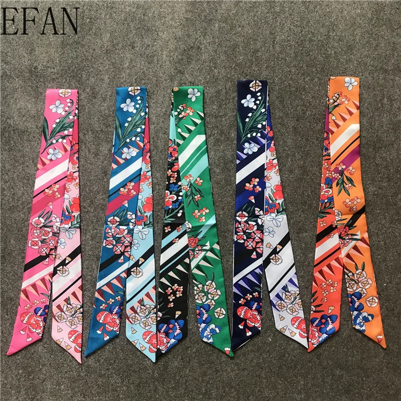 

Женский маленький длинный шарф 100x5 см, Весенняя шифоновая шелковая треугольная бандана, богемный клетчатый галстук, повязка на голову, сумка, полосатый цветочный чокер