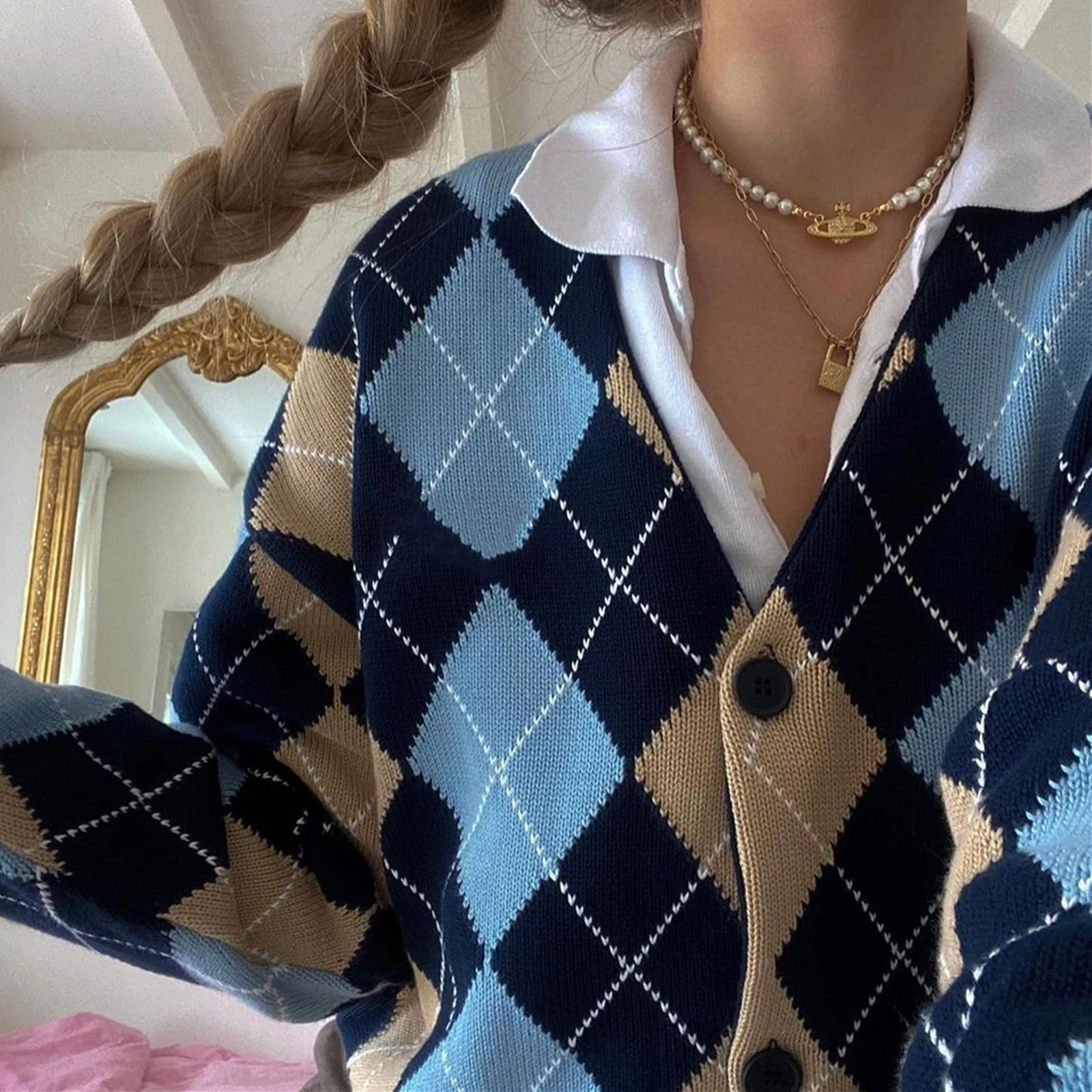 

Y2K женские модные свободные свитера с цветными блоками на осень и зиму для взрослых с пуговицами на пуговицах и рисунком ромбиками и длинными рукавами