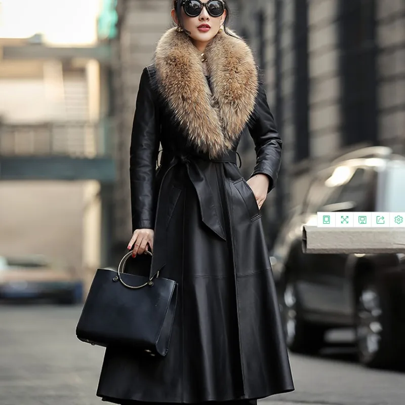 

Winter Elegant Ladies Warm Long Down Coat Office Women Mink Fur Collar Sheepskin Genuine Leather Jacket Belted Outwear Overcoat