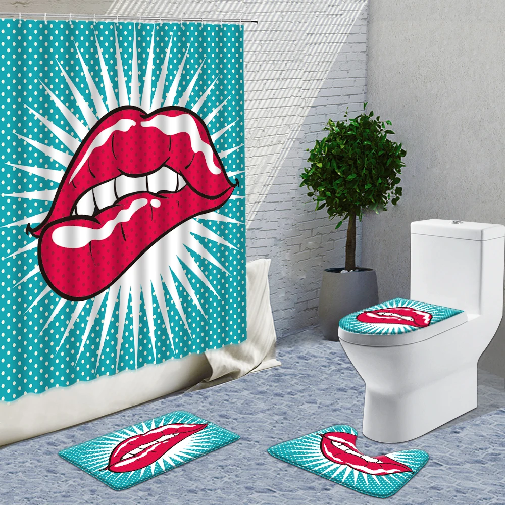 

Red Lips Bathroom Curtain Set Red Lipstick Bath Mat Sets Shower Curtains With Hooks Gray Non-Slip Pedestal Rug Toilet Cover