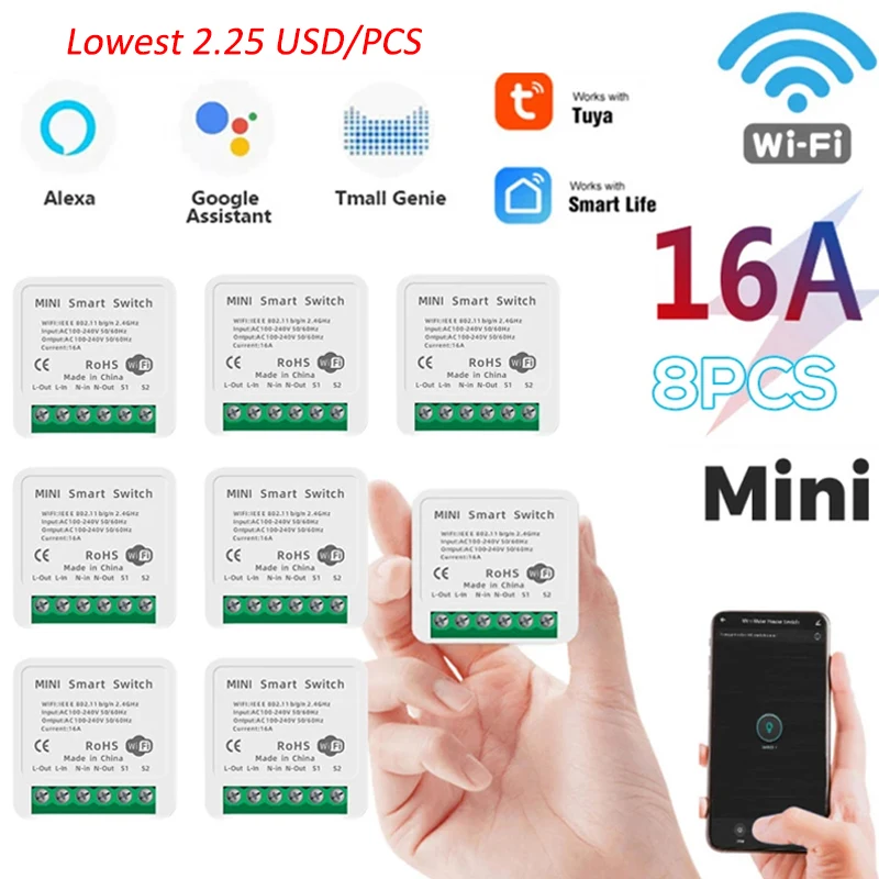 

Tuya Mini 16A WiFi Switch Module With Smart Life App 2 Way Control, Smart Home Interruptor Work For Alexa Google Home Smart Home