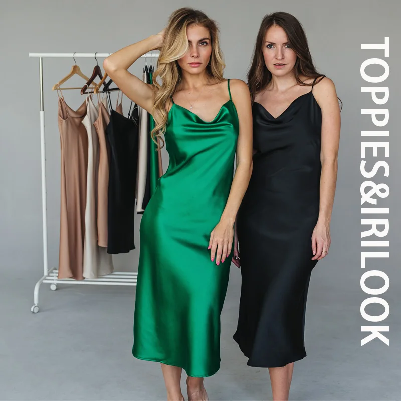 Toppies 2021 Silk Satin Long Dress For Women elegant Swinging collar Sexy Party Strap Sleeveless Green Ladies | Женская одежда