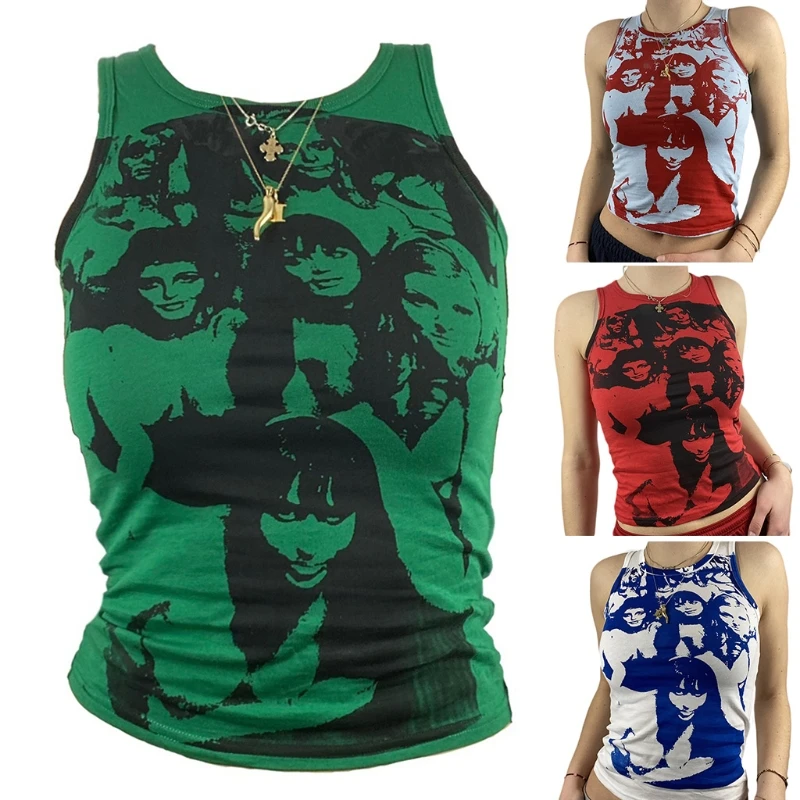 

Women Gothic Sleeveless Crop Top Harajuku Hip Hop Portrait Graphic Bodycon Vest