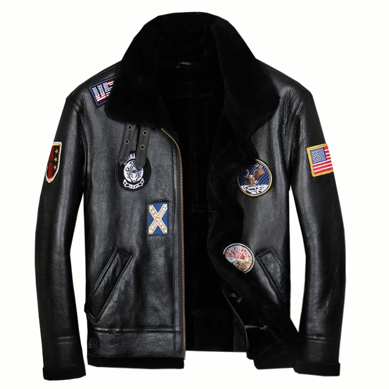 Мужская байкерская куртка из натуральной кожи теплая овечьей шерсти мягкая