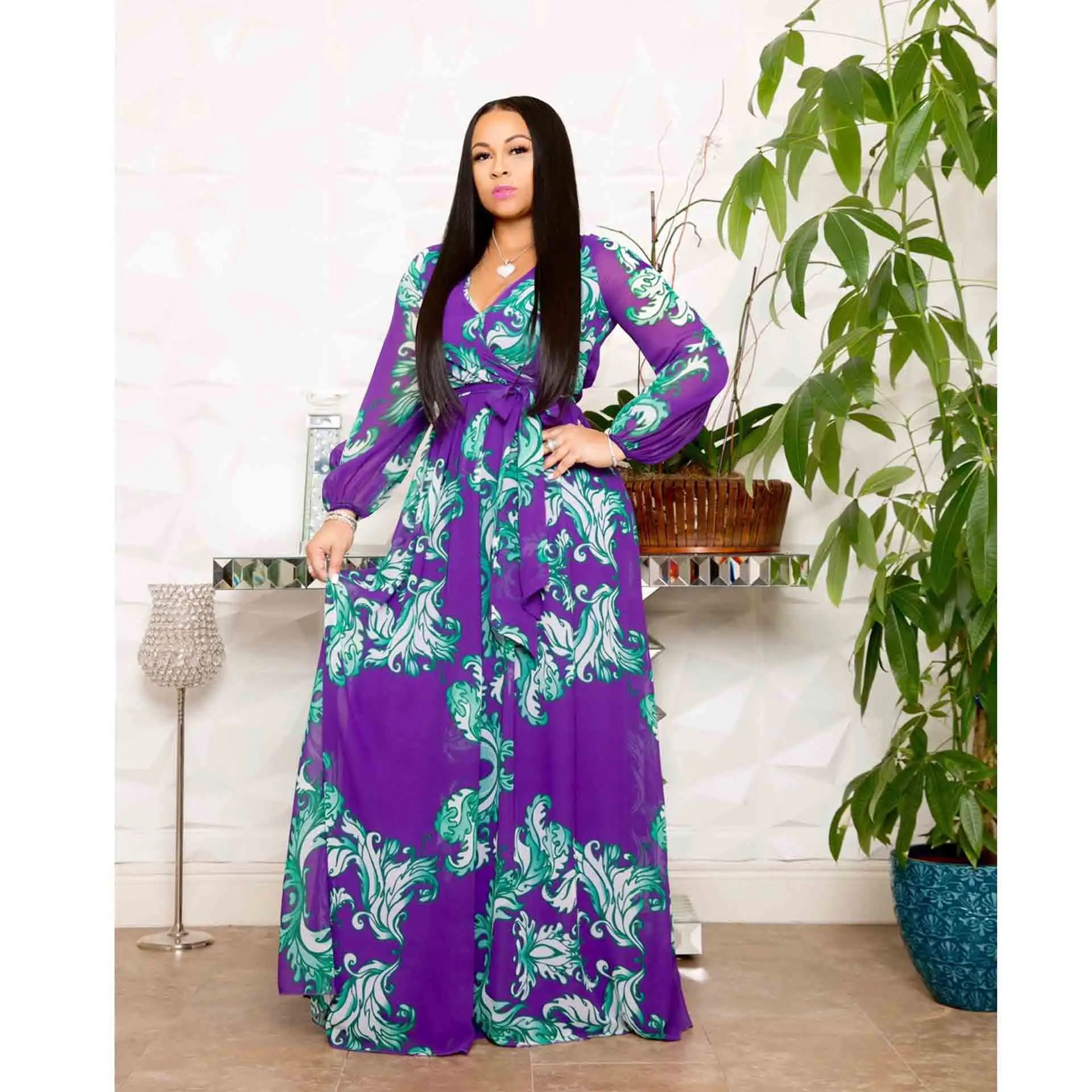 purple Стиль, африканская Женская одежда, Дашики, Модное шифоновое длинное платье с большим низом, размер S-5XL 7612 - Цвет: purple