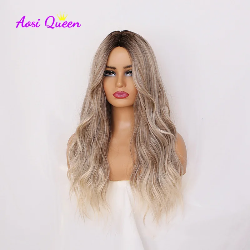 

AS Synthetic hair wig, brown light gray gold medium wave wig, ladies heat-resistant fiber daily wig