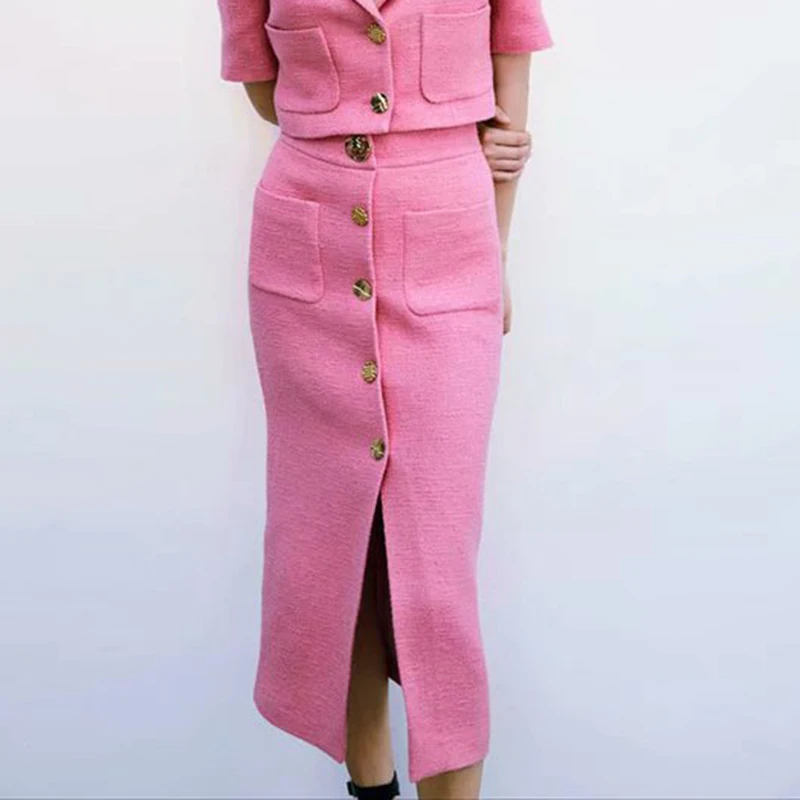 

Женская красивая розовая юбка 2021, дизайнерская длинная юбка ярмарки, юбки-карандаш с двумя большими карманами и декоративными пуговицами