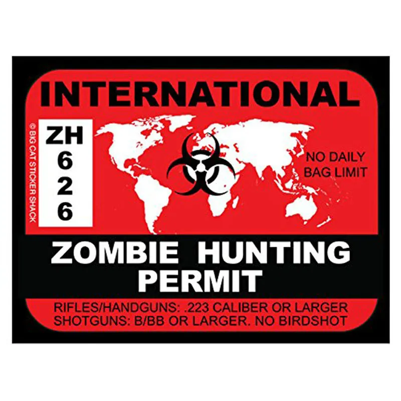 

International ZOMBIE Hunting Permit Retro-reflective Car Stickers and Decals Bumper Windshield Decal Accessories KK17*13cm