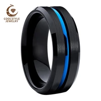 8mm mens womens tungsten carbide ring black blue wedding band with center grooved beveled brushed finish comfort fit