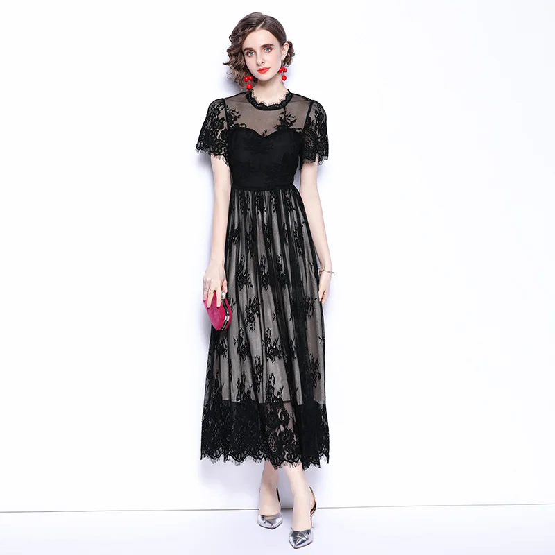 

Черное кружевное платье с высокой талией, приталенное женское винтажное платье с вышивкой, элегантные модные вечерние платья, вечерняя оде...