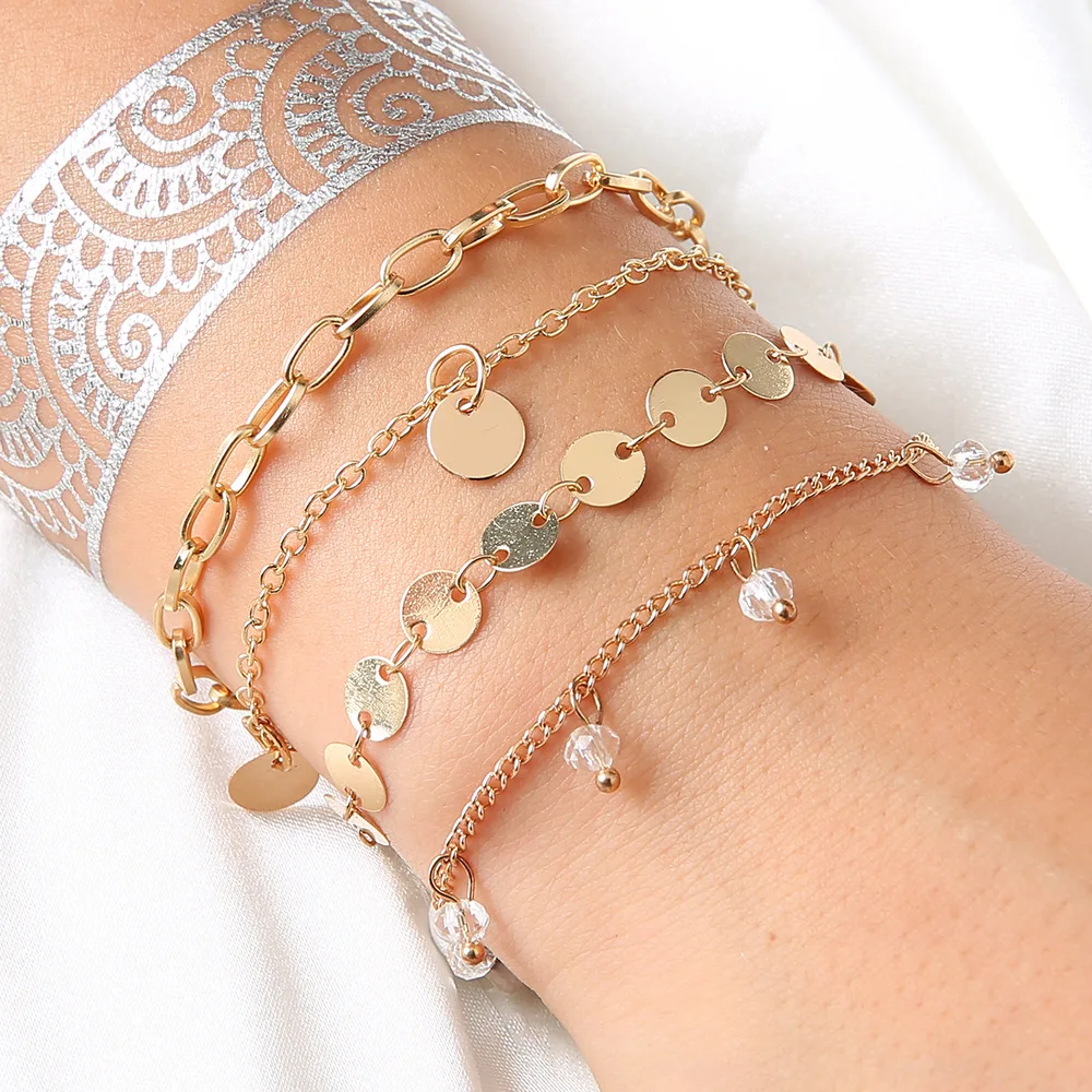 

2020Fashion 4 piece set of bohemian golden vintage crystal bracelet suitable for women's fashion multi-layer bracelet jewelry