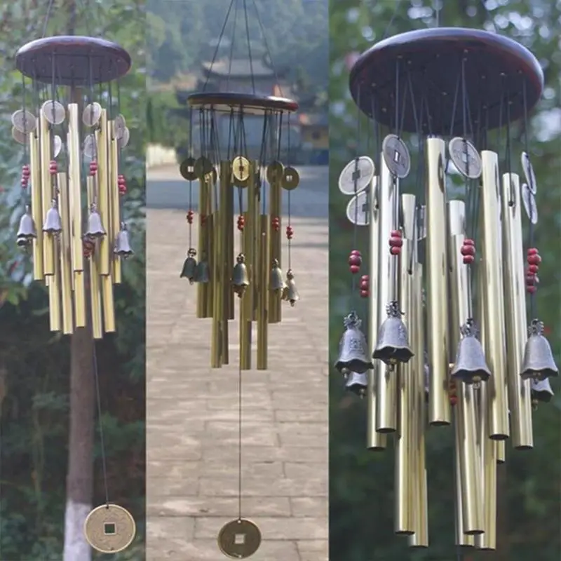 Chinese Traditional Wind Chime 6 Pipes 5 Bells and Bronze Windchime Wood Base for Outdoor Patio Garden Home Decor | Дом и сад