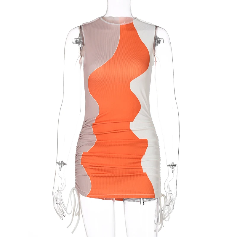 

2021 Sleeveless O-Neck Patchwork Asymmetric Sexy Dress Summer Women Fashion Streetwear Club Outfits