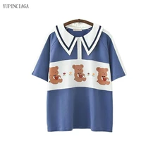 2021 summer harajuku women cute bear print patchwork cotton t shirt student girl casual short sleeve femme basic tee top 2116185
