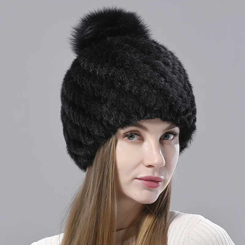 

Natural Mink Fur Hats Women Knitted Beanies Woolen Lining Fox Fur Pompom Warm Female Winter Hat
