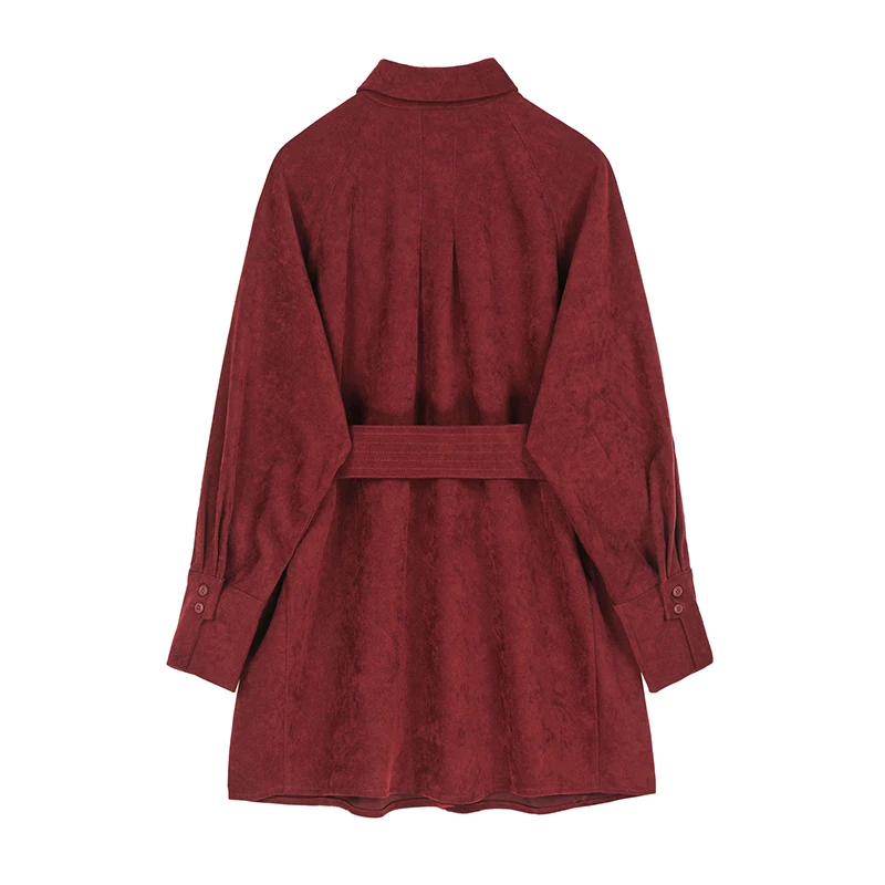 Women Shirt Long Blouse Turn-down Collar Loose Full Sleeve Office Ladies Work Wear Belt Casual Style For Coat |