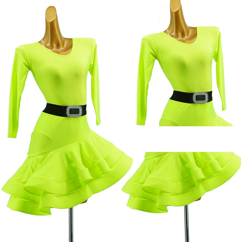 

Latin Dance Dress Fluorescence Color Double Layer Dance Skirt Women Regulation Dress For Dancing Performance Practice Wear 1587
