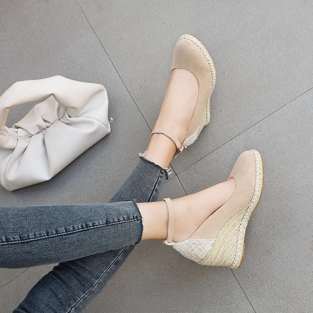 

EGONERY spring new pattern slope heel round toe women shoes comfortable ventilation fashion concise suede office lady