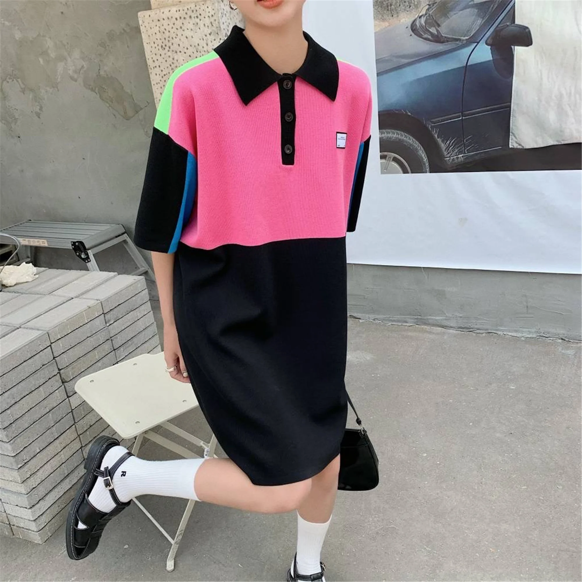 

Color Contrast Knitted Women Dress Summer Loose Straight Fashion Korean Style Buttons Half Reglan Sleeve H Line Female Dress New