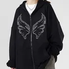 Y2K модные толстовки большого размера с графическим принтом бабочки на молнии E-girl 90-х уличная одежда со стразами серая длинная куртка весенне-осенние Топы
