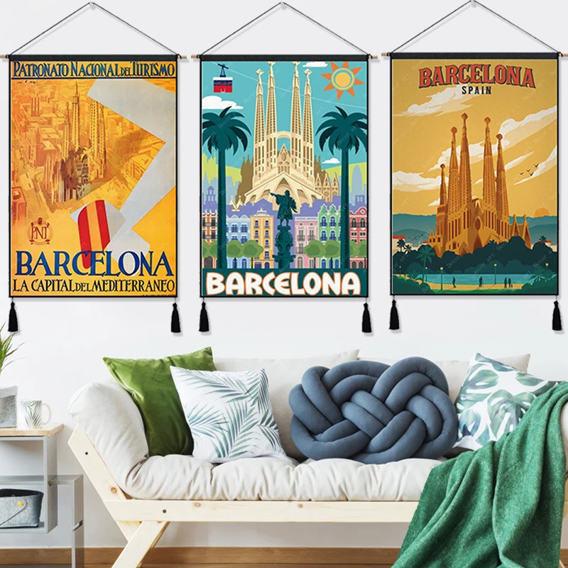 Винтажный подвесной тканевый постер для путешествий в Европу Испанию Барселону