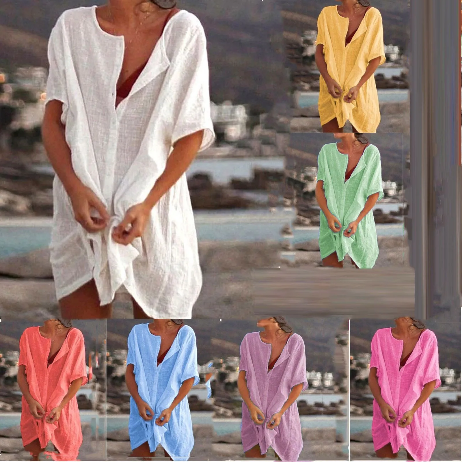 

Женская шифоновая блузка на пуговицах, повседневная Однотонная рубашка с коротким рукавом, свободного покроя, лето 2021